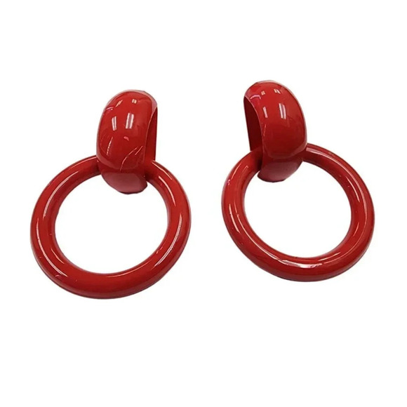 Vintage Red Enamel Dangle Drop Circle Hoop Earrings - Picture 1 of 2